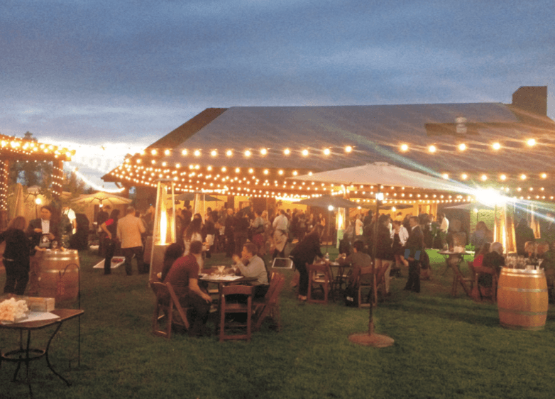 Outdoor evening reception with string lights at Balistreri Vineyard