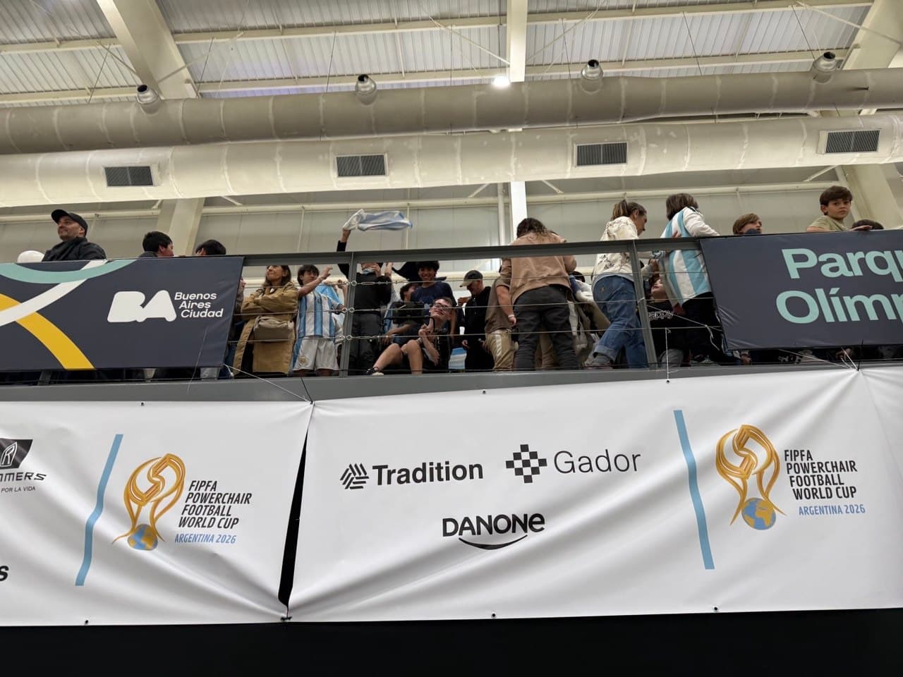 Fans and sponsor banners in the stands at the FIPFA World Cup in Buenos Aires